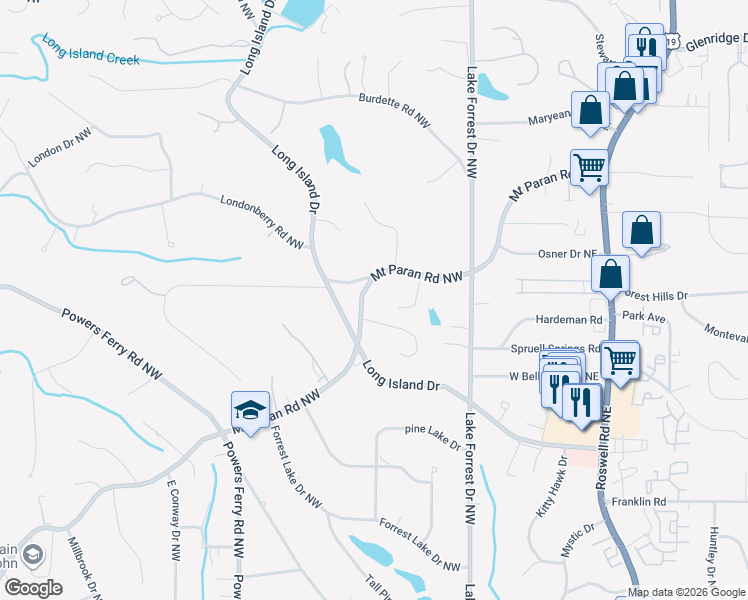 map of restaurants, bars, coffee shops, grocery stores, and more near 98 Mount Paran Road Northwest in Sandy Springs