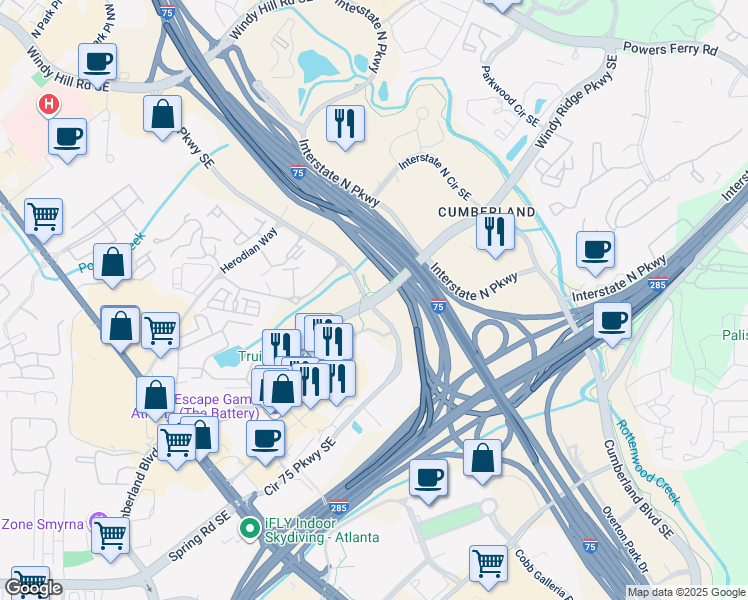 map of restaurants, bars, coffee shops, grocery stores, and more near 2994-3050 Circle 75 Parkway in Smyrna