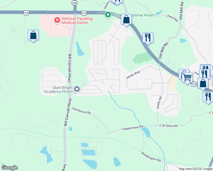 map of restaurants, bars, coffee shops, grocery stores, and more near 60 Greystone Ridge in Hiram