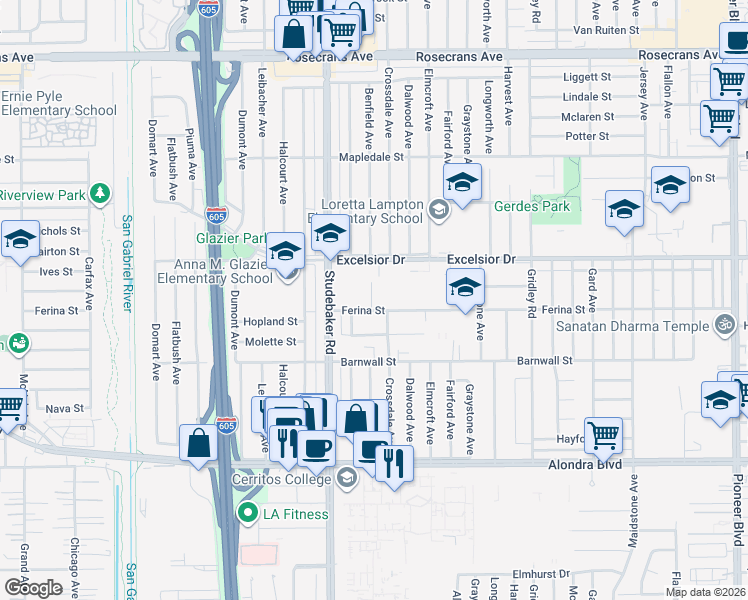map of restaurants, bars, coffee shops, grocery stores, and more near 11057 Ferina Street in Norwalk