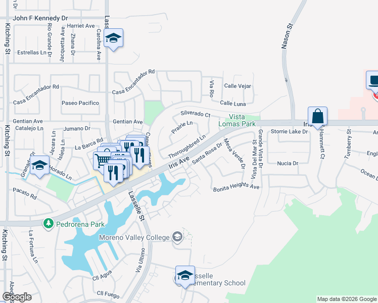 map of restaurants, bars, coffee shops, grocery stores, and more near 26395 Old Anvil Lane in Moreno Valley