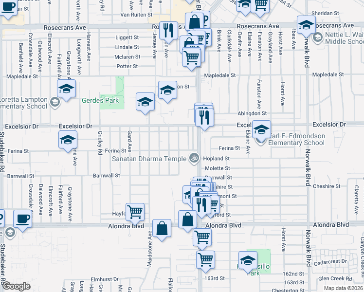 map of restaurants, bars, coffee shops, grocery stores, and more near 15029 Alburtis Avenue in Norwalk