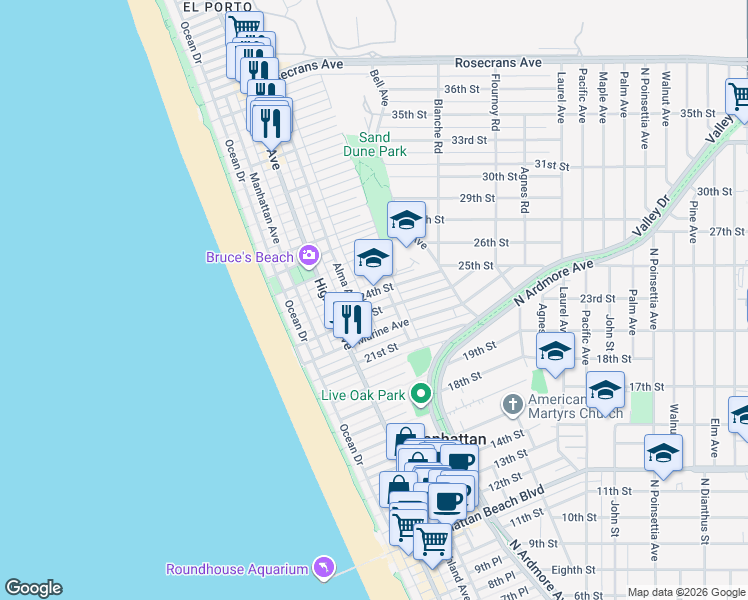 map of restaurants, bars, coffee shops, grocery stores, and more near 2417 Vista Drive in Manhattan Beach