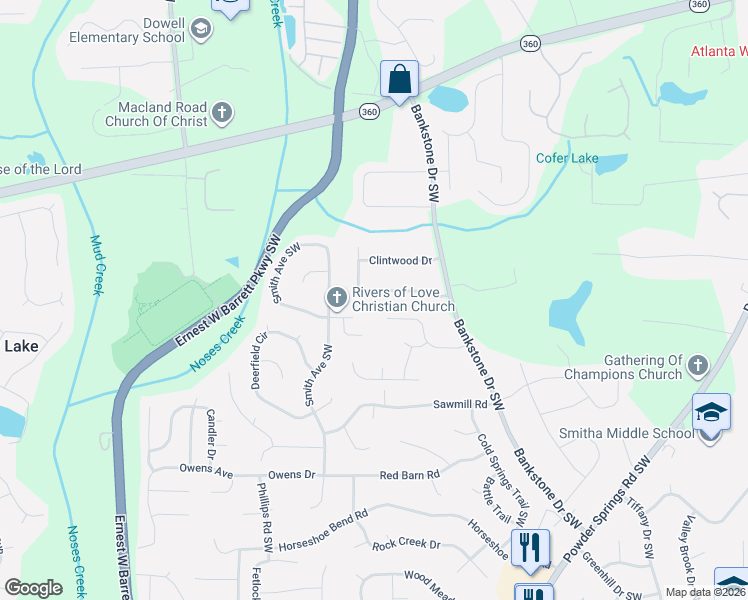map of restaurants, bars, coffee shops, grocery stores, and more near 2422 Salem Court in Marietta