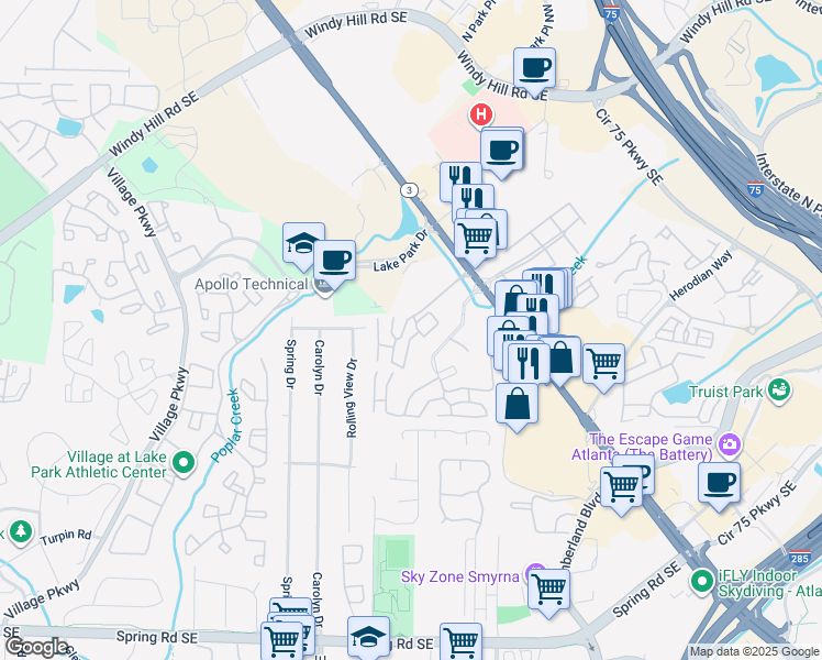map of restaurants, bars, coffee shops, grocery stores, and more near 2330 Cobb Parkway Southeast in Smyrna