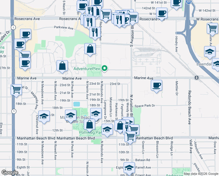 map of restaurants, bars, coffee shops, grocery stores, and more near 2201 Manzanita Lane in Manhattan Beach