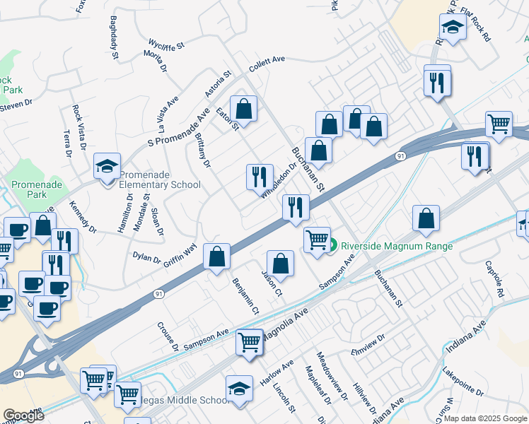 map of restaurants, bars, coffee shops, grocery stores, and more near 2941 Vía Milano in Corona