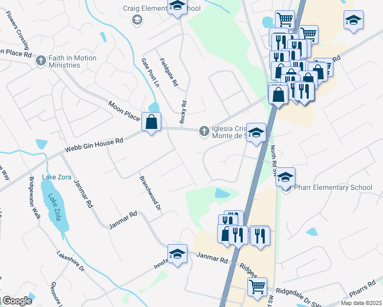 map of restaurants, bars, coffee shops, grocery stores, and more near 1354 Litchfield Road Southwest in Snellville