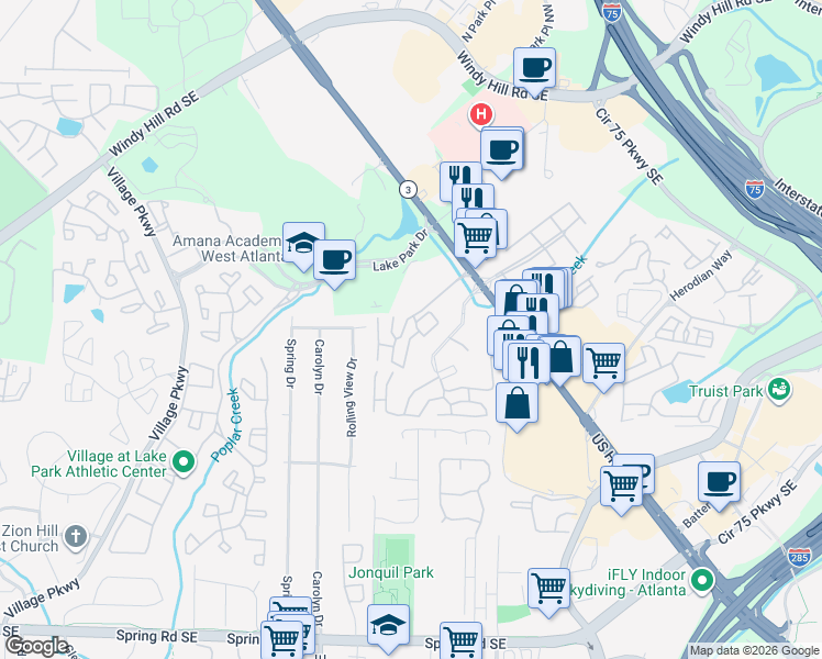 map of restaurants, bars, coffee shops, grocery stores, and more near 1012 Cumberland Glen Lane in Smyrna
