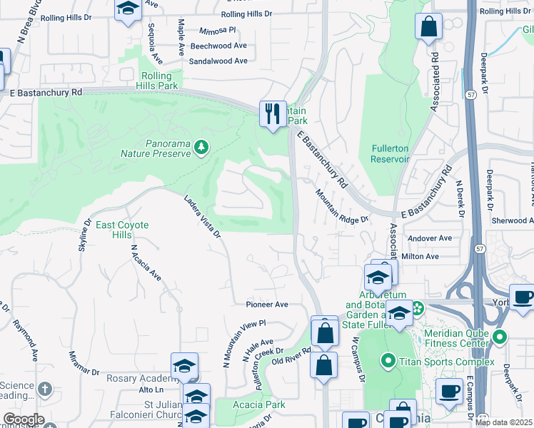 map of restaurants, bars, coffee shops, grocery stores, and more near 1976 Palmetto Terrace in Fullerton