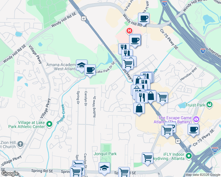 map of restaurants, bars, coffee shops, grocery stores, and more near 2330 Cobb Parkway Southeast in Smyrna