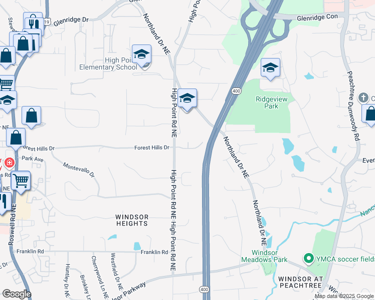 map of restaurants, bars, coffee shops, grocery stores, and more near 325 Nell Court Northeast in Atlanta
