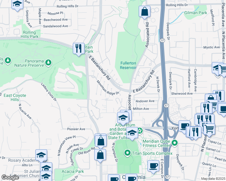 map of restaurants, bars, coffee shops, grocery stores, and more near 2206 Oakridge Court in Fullerton