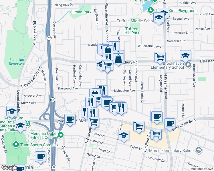 map of restaurants, bars, coffee shops, grocery stores, and more near Saint John Way in Placentia