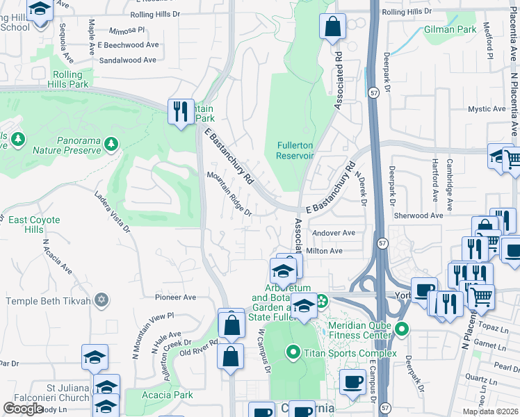 map of restaurants, bars, coffee shops, grocery stores, and more near 2206 Oakridge Court in Fullerton