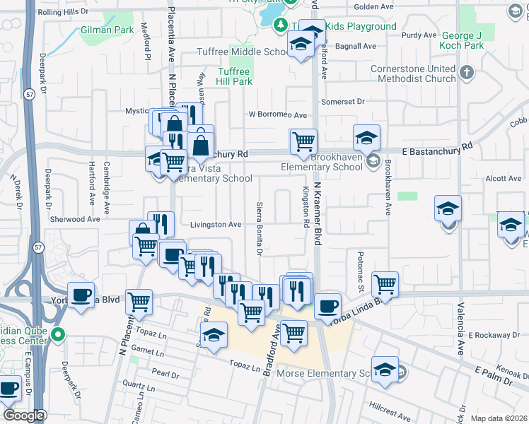 map of restaurants, bars, coffee shops, grocery stores, and more near 1732 Sierra Bonita Drive in Placentia