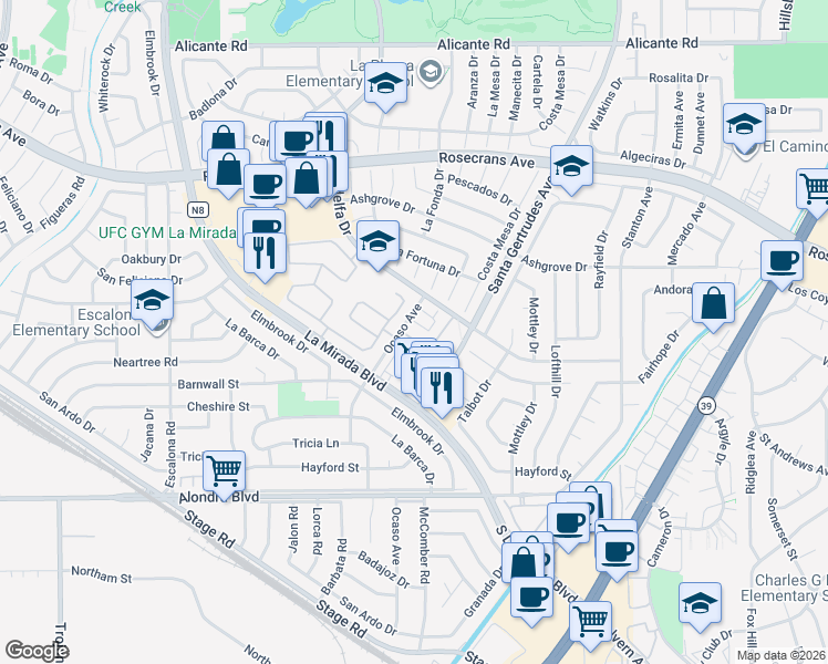 map of restaurants, bars, coffee shops, grocery stores, and more near 15116 Ocaso Avenue in La Mirada