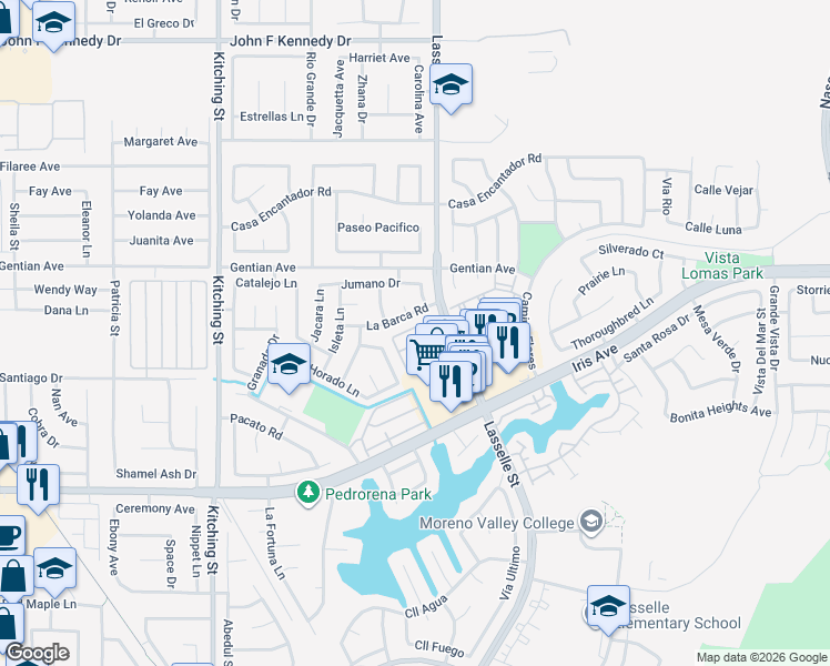 map of restaurants, bars, coffee shops, grocery stores, and more near 15611 Lasselle Street in Moreno Valley