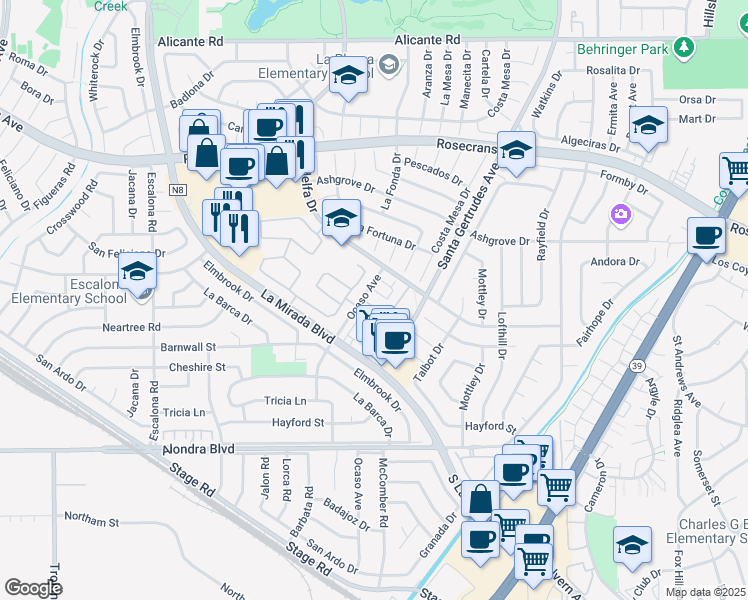 map of restaurants, bars, coffee shops, grocery stores, and more near 15116 Ocaso Avenue in La Mirada
