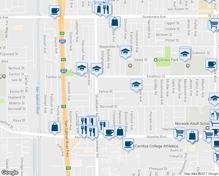 map of restaurants, bars, coffee shops, grocery stores, and more near 11042 Excelsior Drive in Norwalk