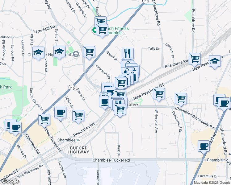 map of restaurants, bars, coffee shops, grocery stores, and more near 5450 Peachtree Road in Chamblee