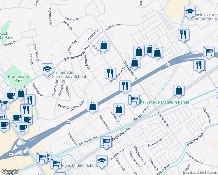 map of restaurants, bars, coffee shops, grocery stores, and more near 2941 Wimbledon Drive in Corona