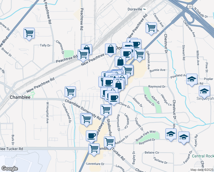map of restaurants, bars, coffee shops, grocery stores, and more near 3578 Shallowford Road in Atlanta