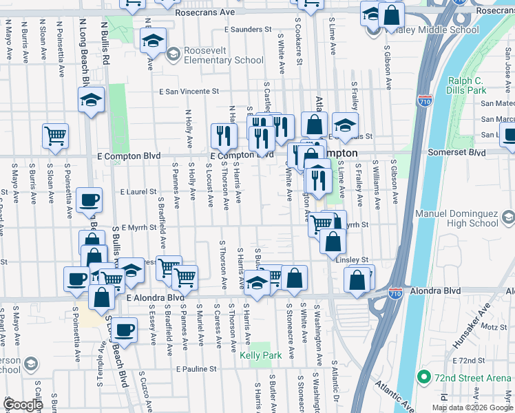map of restaurants, bars, coffee shops, grocery stores, and more near 15327 South Butler Avenue in Compton