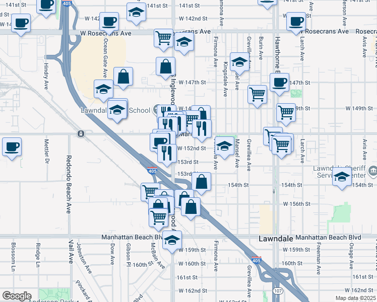 map of restaurants, bars, coffee shops, grocery stores, and more near 4729 1/2 West 152nd Street in Lawndale