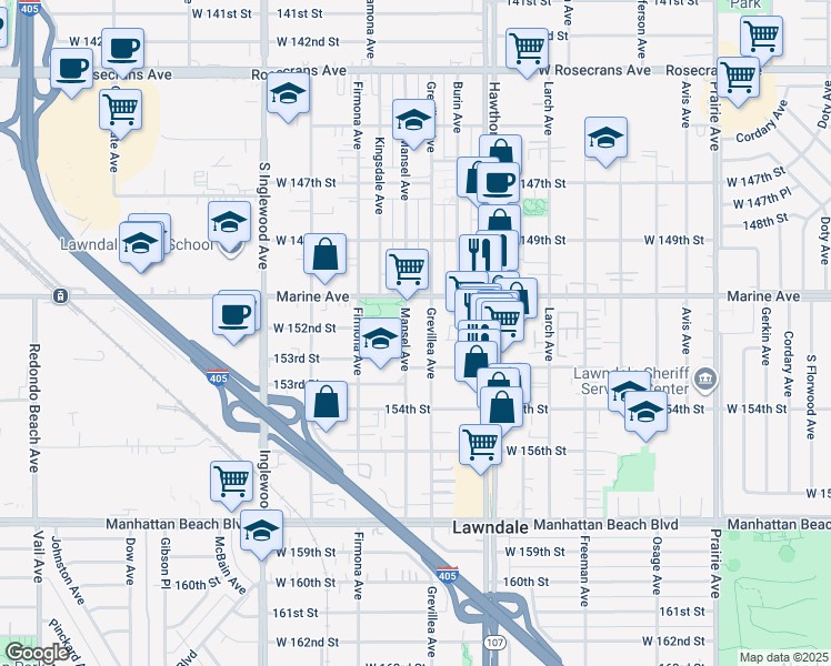 map of restaurants, bars, coffee shops, grocery stores, and more near 15118 Mansel Avenue in Lawndale