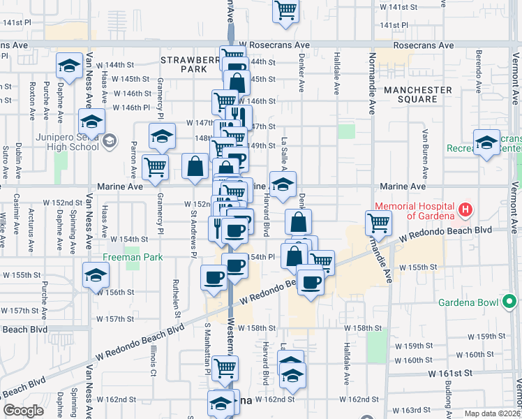map of restaurants, bars, coffee shops, grocery stores, and more near 1708 West 152nd Street in Gardena