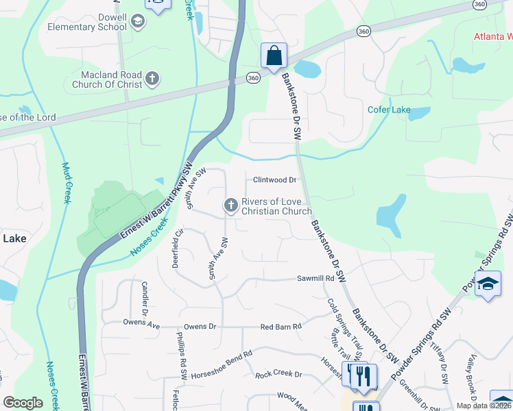 map of restaurants, bars, coffee shops, grocery stores, and more near 2421 Shiloh Drive Southwest in Marietta