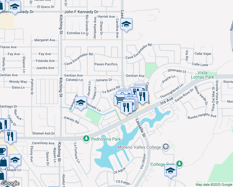 map of restaurants, bars, coffee shops, grocery stores, and more near 15611 Lasselle Street in Moreno Valley