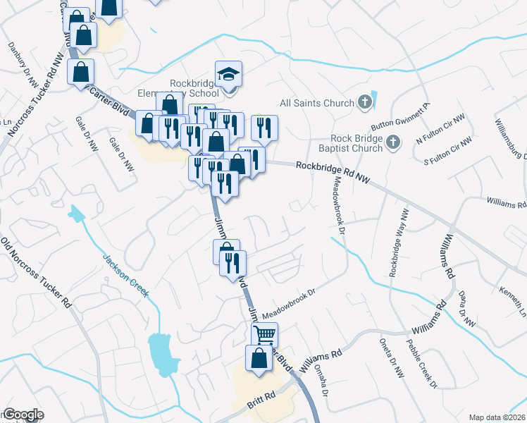 map of restaurants, bars, coffee shops, grocery stores, and more near 6095 Glacier Run in Norcross