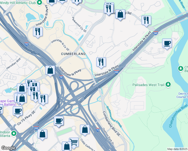 map of restaurants, bars, coffee shops, grocery stores, and more near 360 Interstate North Parkway in Atlanta