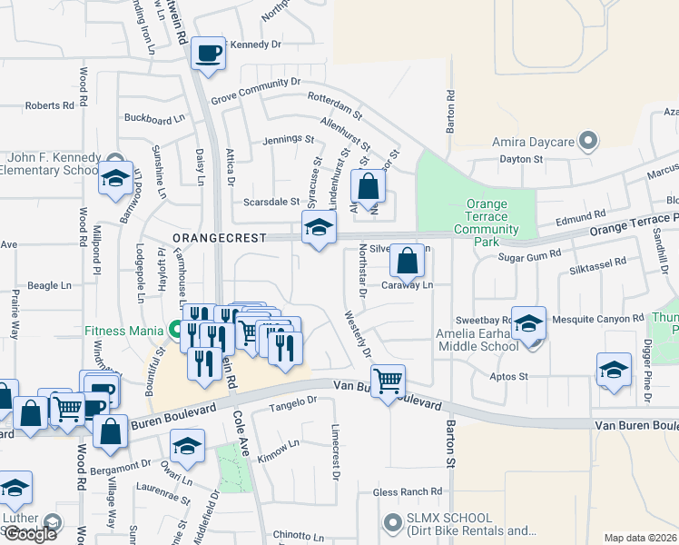 map of restaurants, bars, coffee shops, grocery stores, and more near 19661 Orange Terrace Parkway in Riverside