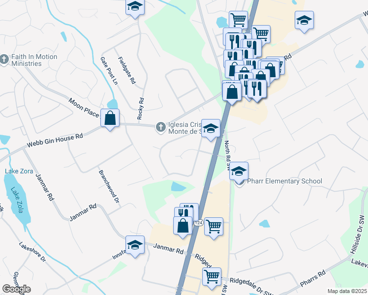 map of restaurants, bars, coffee shops, grocery stores, and more near 1716 Litchfield Road Southwest in Snellville