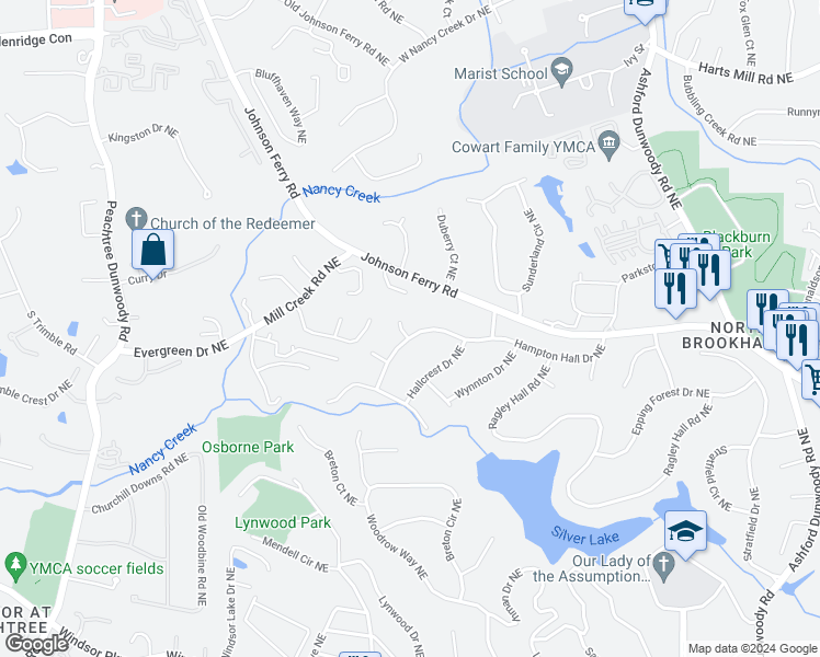 map of restaurants, bars, coffee shops, grocery stores, and more near 1176 Hampton Hall Drive Northeast in Atlanta
