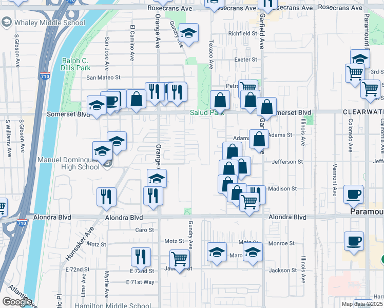 map of restaurants, bars, coffee shops, grocery stores, and more near in Paramount