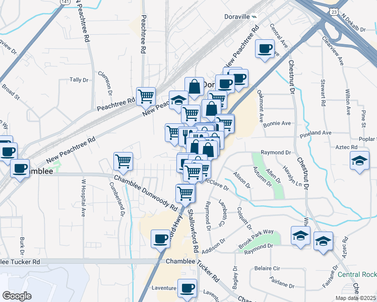 map of restaurants, bars, coffee shops, grocery stores, and more near 3578 Shallowford Road in Atlanta