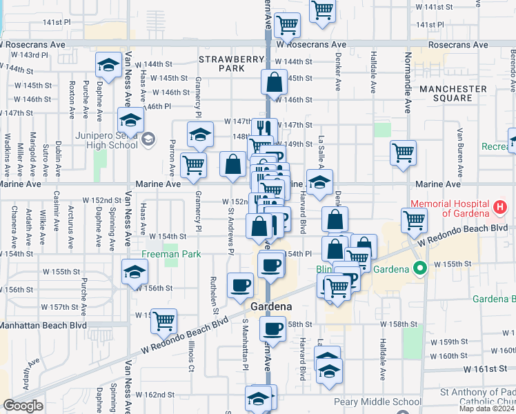 map of restaurants, bars, coffee shops, grocery stores, and more near 1816 West 152nd Street in Gardena