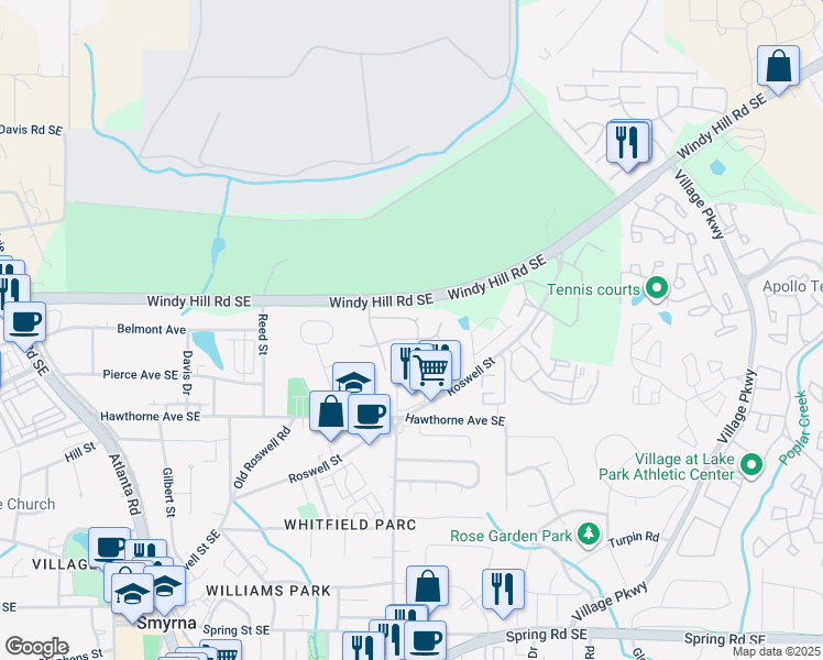 map of restaurants, bars, coffee shops, grocery stores, and more near 2811 Priestcliff Drive Southeast in Smyrna