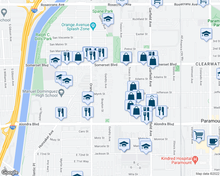 map of restaurants, bars, coffee shops, grocery stores, and more near 15328 Gundry Avenue in Paramount