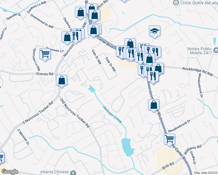 map of restaurants, bars, coffee shops, grocery stores, and more near 6299 Delnorte Court Northwest in Norcross