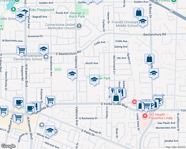 map of restaurants, bars, coffee shops, grocery stores, and more near 1701 Shaw Circle in Placentia