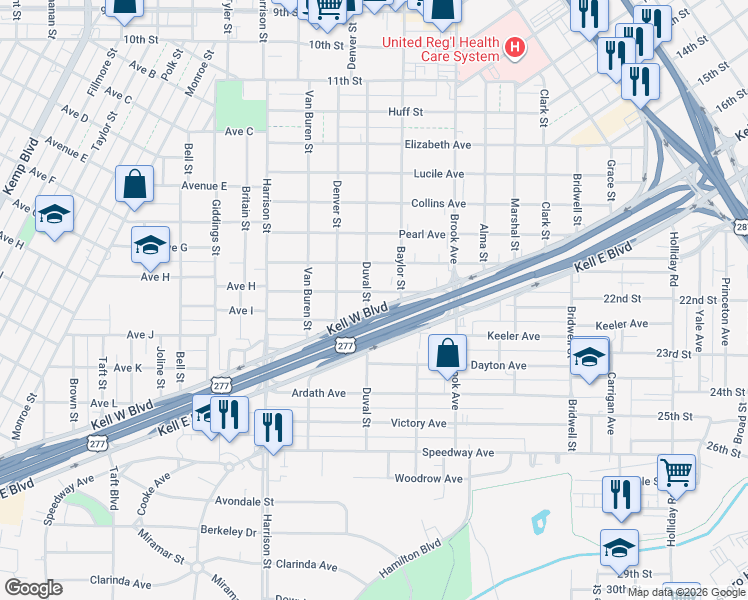 map of restaurants, bars, coffee shops, grocery stores, and more near 1804 Wilson Avenue in Wichita Falls