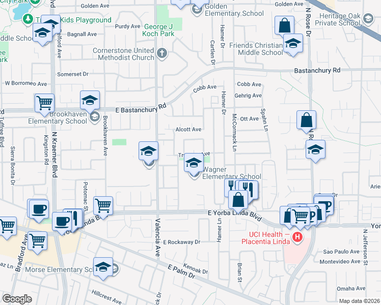 map of restaurants, bars, coffee shops, grocery stores, and more near 1701 Shaw Circle in Placentia