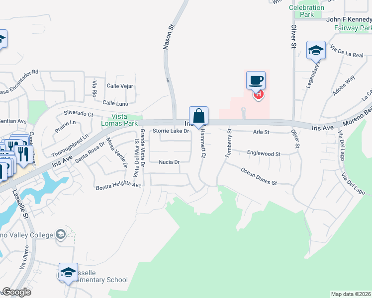 map of restaurants, bars, coffee shops, grocery stores, and more near 27005 Winter Park Place in Moreno Valley