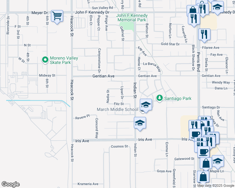map of restaurants, bars, coffee shops, grocery stores, and more near 15617 Lipari Drive in Moreno Valley