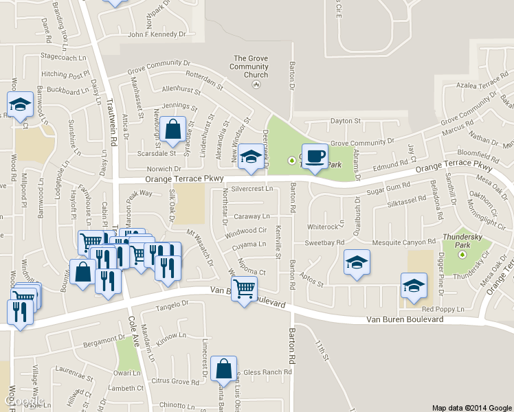 map of restaurants, bars, coffee shops, grocery stores, and more near 19946 Promenade Circle in Riverside